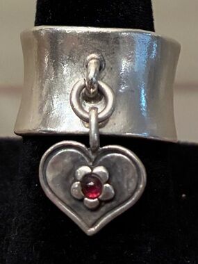 Silpada .925 Sterling Silver Reversible Heart Charm Ring with Garnet Stone